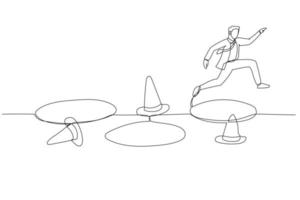 Drawing of businessman jump pass many pitfalls to achieve metaphor of avoid adversity. Single continuous line art style vector