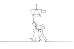 Drawing of businessman almost crushed by anvil money trap. Single continuous line art vector