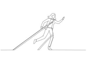 Cartoon of business woman tied up with tape rope try to escape concept of business difficulty. Single line art style vector