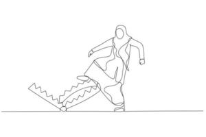 Illustration of muslim business woman carefully walk into mouse trap concept business risk. Single continuous line art style vector