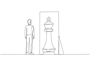 Cartoon of businessman standing infront of mirror seeing inner king chess piece concept of positive mindset. Single line art style vector