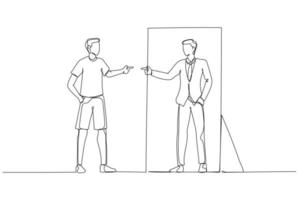 dibujo de hombre de negocios en el reflejo mirado por sí mismo versión casual. estilo de arte de línea continua única vector
