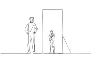 Cartoon of businessman looking at the mirror seeing timid mini version of self. One line art style vector