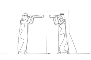 Drawing of arab man holding telescope looking into self in mirror. Single line art style vector