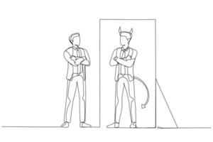 Cartoon of businessman looking into inner demon devil concept of double personality. One continuous line art style vector