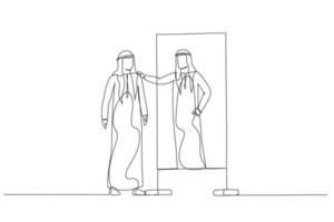 Cartoon of arab man looking into mirror embrace self concept of self esteem self care. Single continuous line art style vector