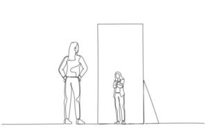 Illustration of business woman looking at the mirror seeing timid mini version of self. Single continuous line art style vector