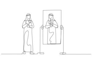 Cartoon of arab man getting ready to work looking into mirror. Continuous line art style vector