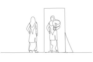 Cartoon of woman wear hijab getting bright business idea solution after inner talk. Single line art style vector