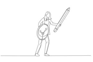 Cartoon of businesswoman using pencil as sword and clock as shield concept of procrastination or time management. Single line art style vector