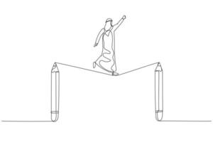 Cartoon of businesswoman walk tightrope between pencils concept of struggle in creativity. Single continuous line art vector