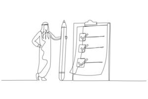 Illustration of businesswoman holding pencil at questionnaire checklist with tick marks concept task objective. Continuous line art vector