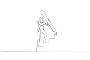 Cartoon of businesswoman use huge pencil draw staircase climbing up ladder concept of business development. Single line art style vector