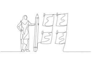 Drawing of muslim woman with pencil sort sticky notes concept of prioritize work. One line art style vector