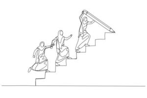 Drawing of muslim woman draw stair with pencil to lead team walk up leader guide team concept of growth. One continuous line art style vector