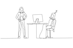 Cartoon of businesswoman falling asleep at work time get caught by boss concept of slacking off. Single continuous line art vector