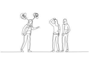 Drawing of businesswoman get angry to calm coworker metaphor of difficult people. One line style art vector
