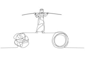 Cartoon of arab man walk on tight rope balancing between problem. One line art style vector