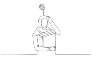 Drawing of stress muslim woman having headache while holding folder of document. One line art style vector