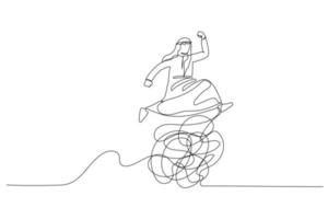 Cartoon of arab man jumping over messy line metaphor of overcoming trouble and difficulty. Single line art style vector