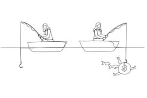 Drawing of businesswoman fishing dollar money profit sitting in boat. One line style art vector