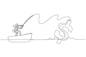 Drawing of businesswoman try to get fish fishing in the sea. One line style art vector