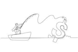 Drawing of businessman try to get fish fishing in the sea. Single continuous line art vector