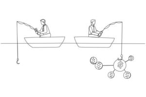 Cartoon of businessman fishing dollar sitting in boat. One line art style vector