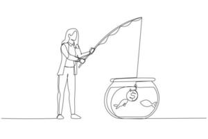 Cartoon of businesswoman try to hook and catch with coin bait. One line art style vector