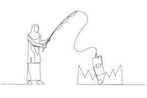 Illustration of muslim woman stealing money from trap with fishing rod  metaphor of investment risk. Single line art style vector