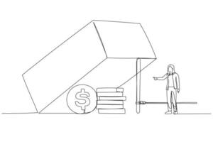 dibujo de una mujer de negocios tratando de alcanzar ganancias en dólares en la trampa metáfora del riesgo empresarial. estilo de arte de línea continua única vector