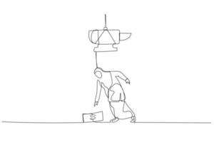 Drawing of muslim business woman almost crushed by anvil money trap. Single continuous line art style vector