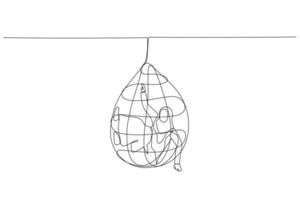 Drawing of muslim business woman tangled in net trap metaphor of business failure get caught. One line style art vector