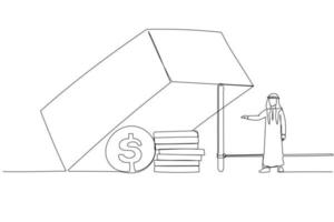 Cartoon of arab man trying to reach dollar profit in the trap metaphor of business risk. One line art style vector