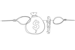 Cartoon of muslim business woman looking into big money bag standing among trap. Single continuous line art vector