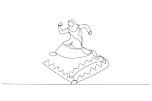 Drawing of muslim business woman jump over trap metaphor of avoid scam business project. One line art style vector