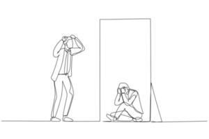 Drawing of businessman panic look into mirror seeing depressed self. Single continuous line art style vector