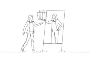 Drawing of business woman giving reward to self when achieving goal celebrate victory. Continuous line art vector