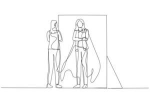 Drawing of business woman reflect self looking into inner strength in mirror. One line style art vector