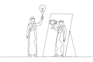 Cartoon of arab man having ide lightbulb looking into mirror have reflection holding award trophy. Single continuous line art style vector