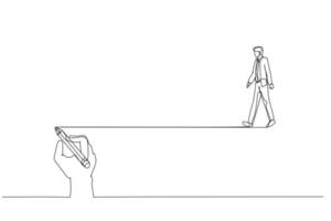 Drawing of businessman walking following on guide line written by man concept of guidance. Continuous line art vector