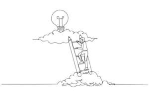 Illustration of businessman climbing ladder to upper cloud to find bright idea concept of creative inspiration. Single continuous line art style vector