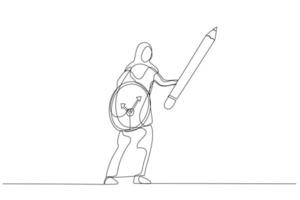Cartoon of muslim woman using pencil as sword and clock as shield concept of procrastination or time management. Single line art style vector