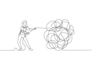 Illustration of businesswoman try to unraveling tangled rope concept of solution and problem solving. Single continuous line art style vector