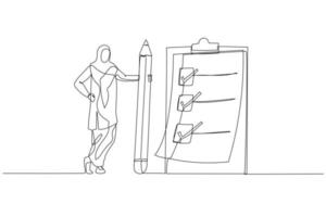 Illustration of muslim woman holding pencil at questionnaire checklist with tick marks concept task objective. Single continuous line art style vector