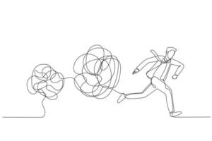 Drawing of businessman running away from tangled line ball concept of avoid problem. Single continuous line art style vector