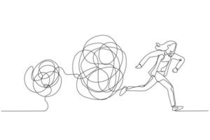 Cartoon of businesswoman running away from tangled line ball concept of avoid problem. Single line art style vector