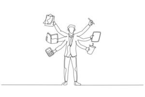 Drawing of businessman with several hand concept of multitasking. Continuous line art style vector