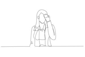 Cartoon of stress businesswoman worker feeling headache exhausted and unhappy. Single line art style vector
