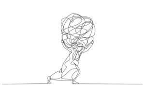 Drawing of arab man carrying heavy messy line on his back metaphor of stress from work. Single continuous line art style vector